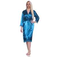 Damen Morgenmantel Kimono Satinrobe mit Spitze; Petrol/XL