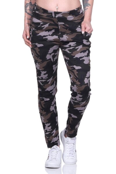 Damen Jogginghose  Hohe Taille Thermo Sporthose Fitness Freizeithose mit Taschen,  Camouflage-Grau S/M