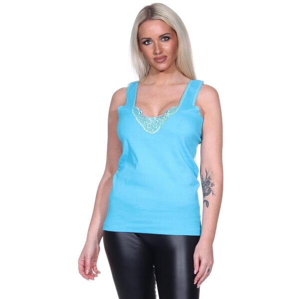 Damen Unterhemd mit Spitze Baumwolle; Türkis/3XL