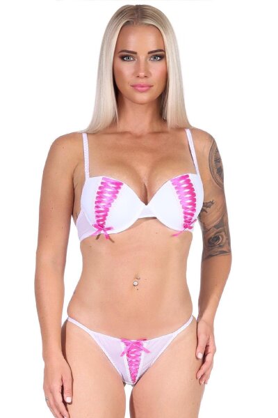 Damen Dessous Set Bügel BH Slip Push-Up String-Tanga Unterwäsche Pink 85 Cup C