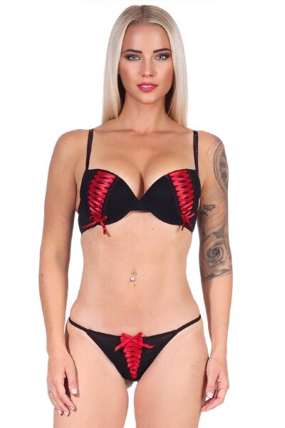Damen Dessous Set Bügel BH Slip Push-Up String-Tanga Unterwäsche Rot 75 Cup C