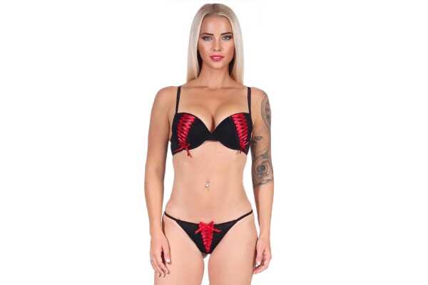 Damen Dessous Set Bügel BH Slip Push-Up String-Tanga Unterwäsche Rot 85 Cup B