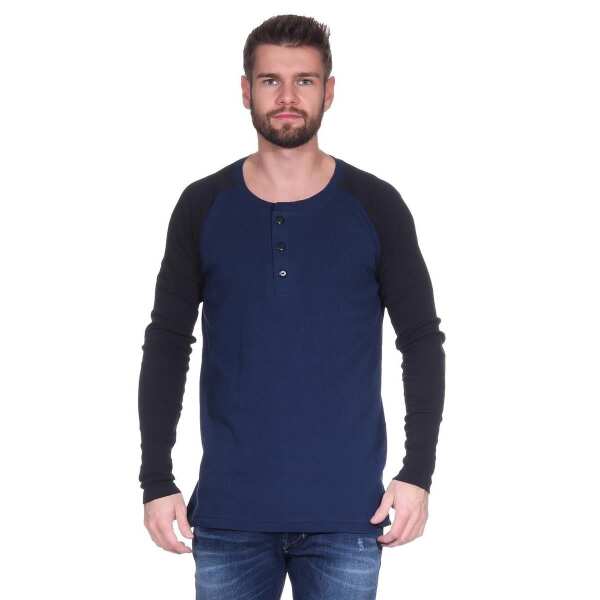 Herren Oversize-Schnitt Langarm Shirt Baumwolle zweifarbig Dunkelblau/Schwarz L