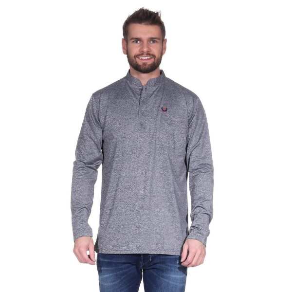 Herren Basic Langarm Shirt Stehkragen;  Grau L