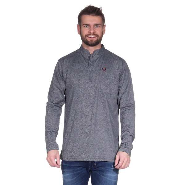 Herren Basic Langarm Shirt Stehkragen;  Dunkelgrau XL