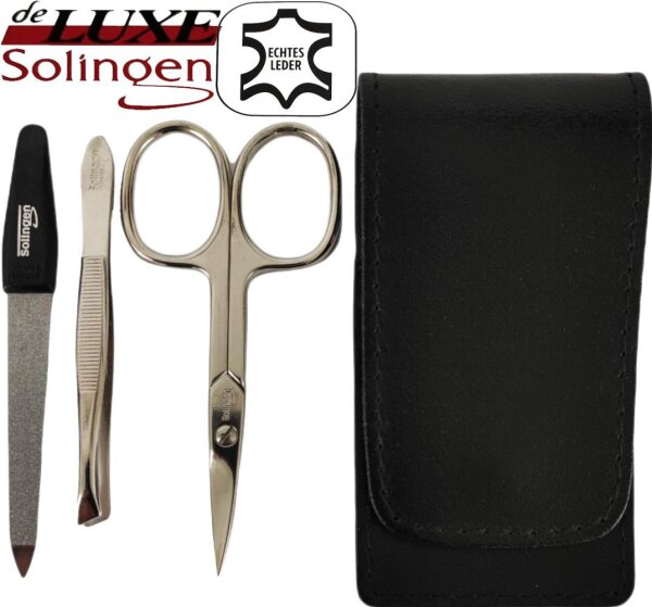 3-tlg Solingen Maniküre Set mit Etui echt Leder Nagelschere Schwarz