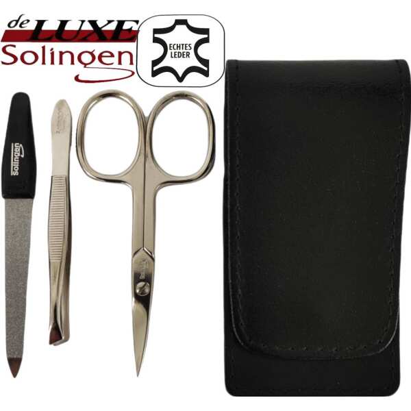 Solingen* Maniküre Set im Lederetui – Made in Germany – Nagelschere, Saphirnagelfeile (grob/fein), Pinzette zur Nagelhautpflege – Echtes Leder Schwarz