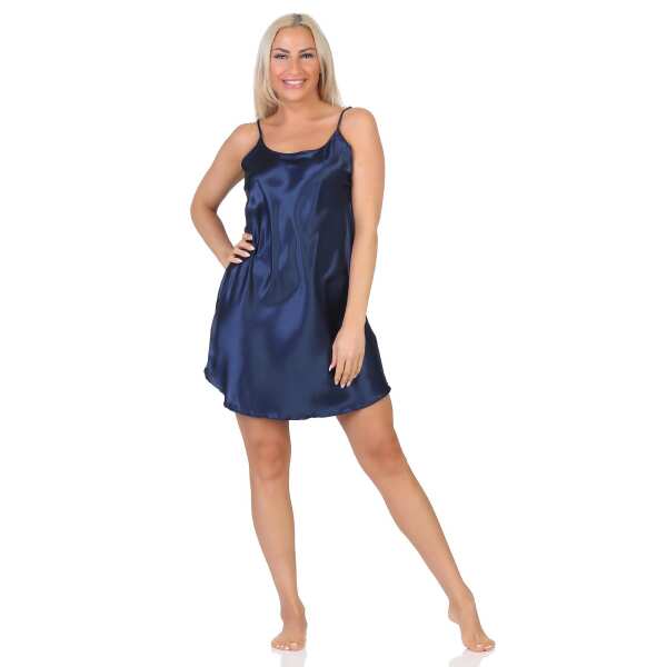 Damen kurzes Satin Negligé Nachtkleid Nachthemd Satin; Dunkelblau M