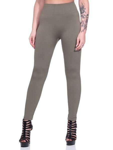 Damen Leggings Thermo Doppelripp Hoher Bund Sport Gym Outdoor, Khaki/L/XL 40/42