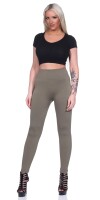 Damen Leggings Thermo Doppelripp Hoher Bund Sport Gym Outdoor, Khaki/L/XL 40/42