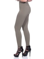 Damen Leggings Thermo Doppelripp Hoher Bund Sport Gym Outdoor, Khaki/L/XL 40/42