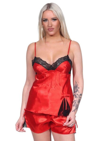 Damen Satin Nachtwäsche Pyjama Set Shorty Satin mit Spitze; Rot/S/36