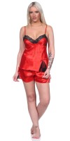 Damen Satin Nachtwäsche Pyjama Set Shorty Satin mit Spitze; Rot/S/36