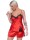 Damen Satin Nachtwäsche Pyjama Set Shorty Satin mit Spitze; Rot/S/36