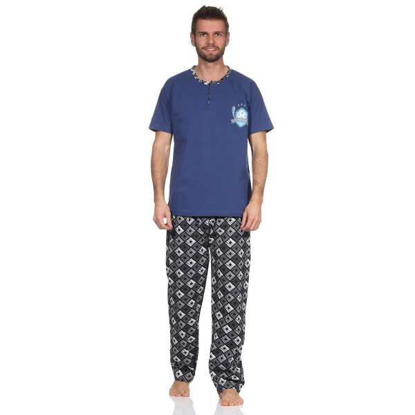Herren Pyjama Baumwolle Schlafhose und Shirt kurz-arm Schlafanzug; Blau M