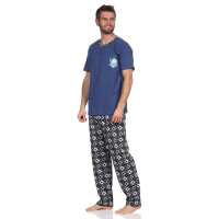 Herren Pyjama Baumwolle Schlafhose und Shirt kurz-arm Schlafanzug; Blau M