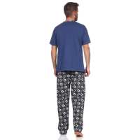 Herren Pyjama Baumwolle Schlafhose und Shirt kurz-arm Schlafanzug; Blau M