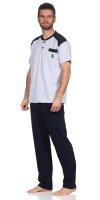 Herren Pyjama Baumwolle Schlafhose und Shirt kurz-arm; Graumeliert M