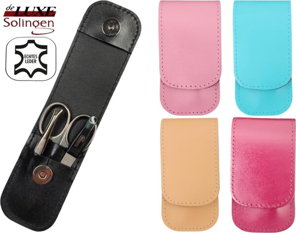 3-teiliges Solingen Maniküre Set mit Leder Etui, Nagelschere, Feile, Pinzette, Made in Germany