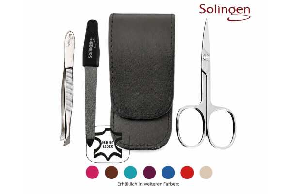 3-teiliges Solingen Maniküre Set mit Leder Etui, Nagelschere, Feile, Pinzette, Made in Germany