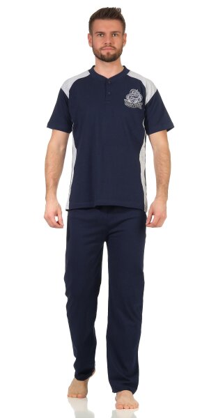 Herren Pyjama Sommer Schlafhose und Shirt kurz-arm; Dunkelblau XL