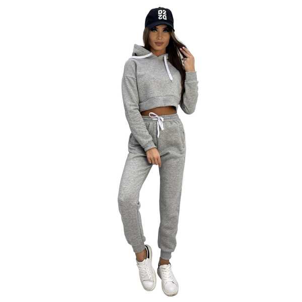 Damen Jogginganzug Freizeitanzug mit Kapuzenpullover;  Graumeliert XL/42