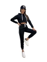 Damen Jogginganzug Freizeitanzug mit Kapuzenpullover;  Schwarz XL/42
