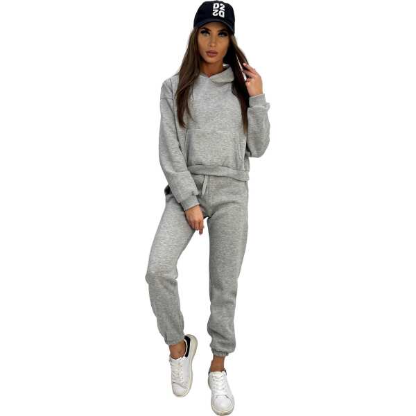 Damen Jogginganzug Sport Freizeitanzug mit Kapuzenpullover,  Graumeliert L/40