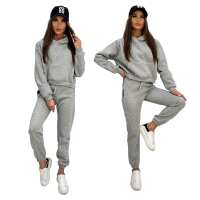 Damen Jogginganzug Sport Freizeitanzug mit Kapuzenpullover,  Graumeliert L/40