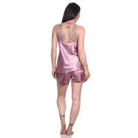 Damen Satin Nachtwäsche Pyjama Set Shorty mit Spitze; Heide/S