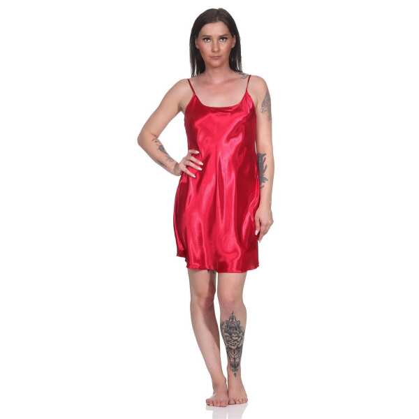 Damen kurzes Satin Negligé Nachtkleid Nachthemd Satin; Weinrot/S
