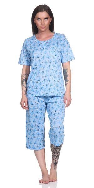 Damen Pyjama 2 teiliger Schlafanzug Hausanzug 3/4 Sommer; Blau/XL/42