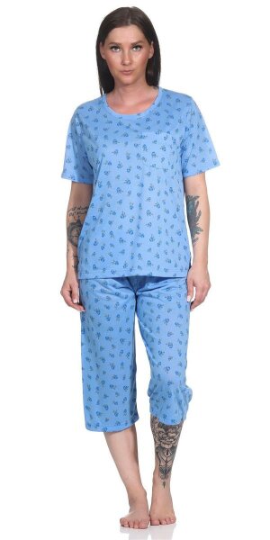 Damen Pyjama 3/4 Hose & Shirt Schlafanzug Hausanzug Sommer;  Blau/L/40