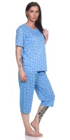 Damen Pyjama 3/4 Hose & Shirt Schlafanzug Hausanzug Sommer;  Blau/L/40