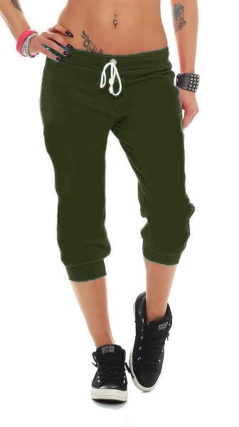 Damen Jogginghose 3/4 Capri Sport-Hose Baumwolle;  Khaki/L/40