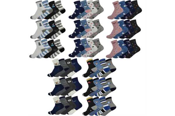 12 Paar Kinder Socken Jungen & Mädchen mit Muster Baumwolle, 23-26 31-34 35-38