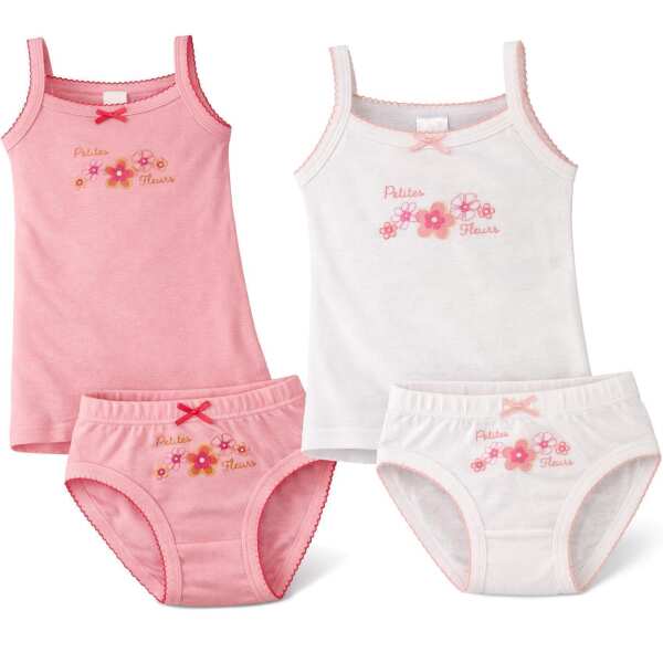 Mädchen Unterwäsche Set 4-teilig 100% Baumwolle Unterhemd und Slip Weiß/Rosa 98/104