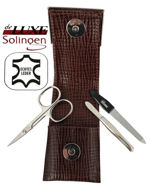 3-teiliges Solingen Maniküre Set mit Leder Etui, Nagelschere, Feile, Pinzette, Made in Germany
