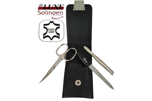 3-teiliges Solingen Maniküre Set mit Leder Etui, Nagelschere, Feile, Pinzette, Made in Germany