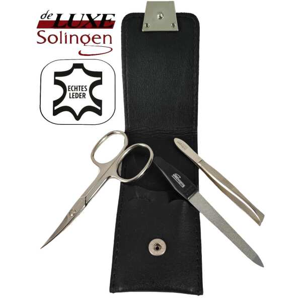 3-teiliges Solingen Maniküre Set mit Leder Etui, Nagelschere, Feile, Pinzette, Made in Germany