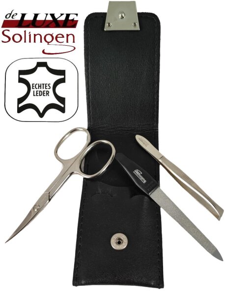 3-teiliges Solingen Maniküre Set mit Leder Etui, Nagelschere, Feile, Pinzette, Made in Germany