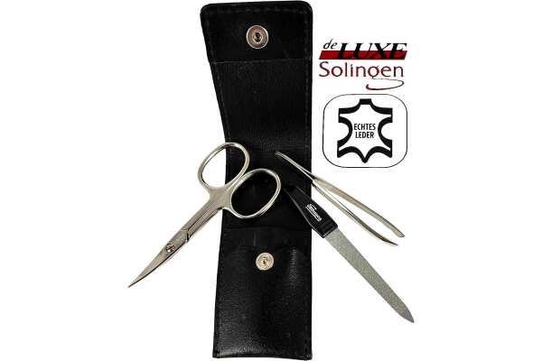 3-teiliges Solingen Maniküre Set mit Leder Etui, Nagelschere, Feile, Pinzette, Made in Germany