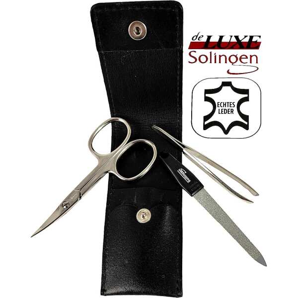 3-teiliges Solingen Maniküre Set mit Leder Etui, Nagelschere, Feile, Pinzette, Made in Germany