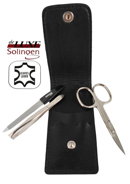 3-teiliges Solingen Maniküre Set mit Leder Etui schwarz, Nagelschere, Feile, Pinzette, Made in Germany