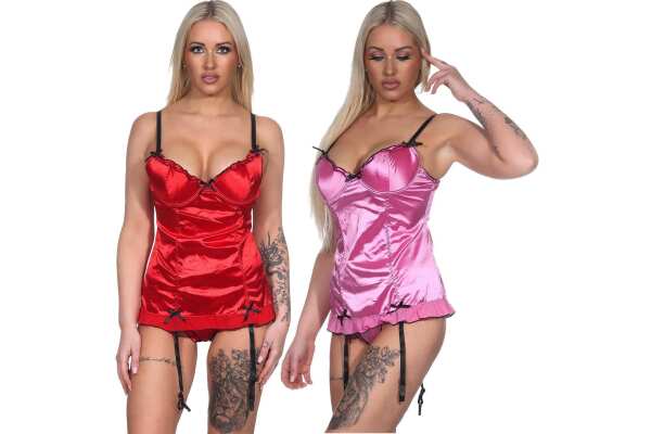 Damen kurzes Negligé mit Cups Nachtkleid Spitze mit String; Gr. 36 38 40 42