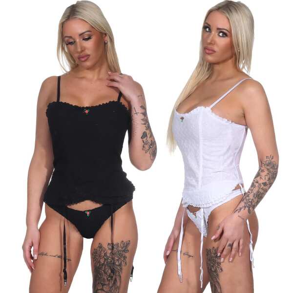 Damen Corsagen Top Set mit String & Strapsen – Verführerische Spitze Dessous Nachtwäsche 2-teilig