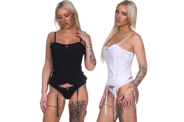Damen Corsagen Top Set mit String & Strapsen – Verführerische Spitze Dessous Nachtwäsche 2-teilig
