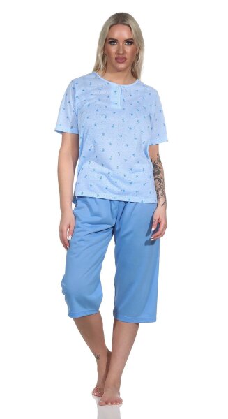 Damen Pyjama 3/4 Hose & Shirt mit Blumenmuster; Blau/L/40