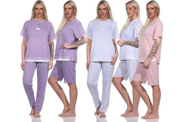 Damen 3 tlg. Pyjama Capri & lange Hose Shirt in kurzen Ärmeln; Gr. M - 3XL