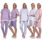 Damen 3 tlg. Pyjama Capri & lange Hose Shirt in...